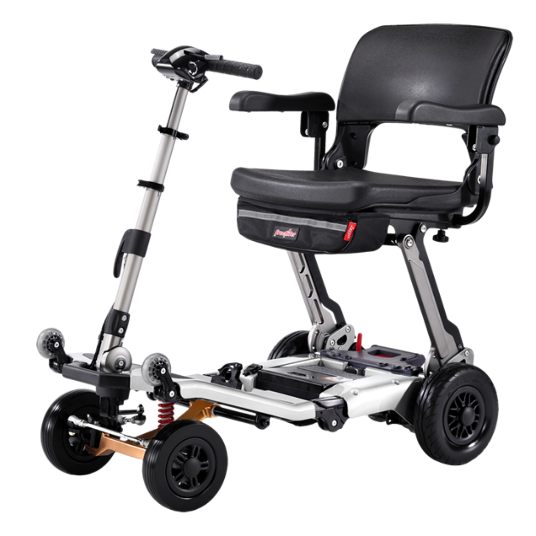 The FreeRider Luggie Super Plus 4 Travel Scooter is a compact, foldable four-wheel model with handlebar steering, a black cushioned seat with armrests, and an under-seat storage pouch—built for daily convenience and freedom.